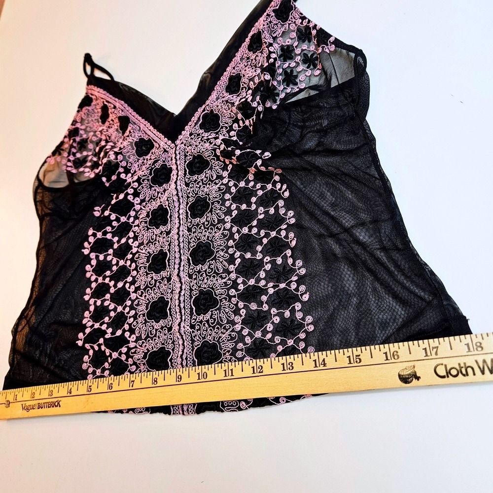 Feminine Black w/ Pink Floral Embroidered Sheer Mesh Babydoll Camisole Top Small - Picture 7 of 7